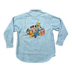 Vintage Disney Store Denim Long Sleeve Button Shirt Unisex L Embroidered Mickey